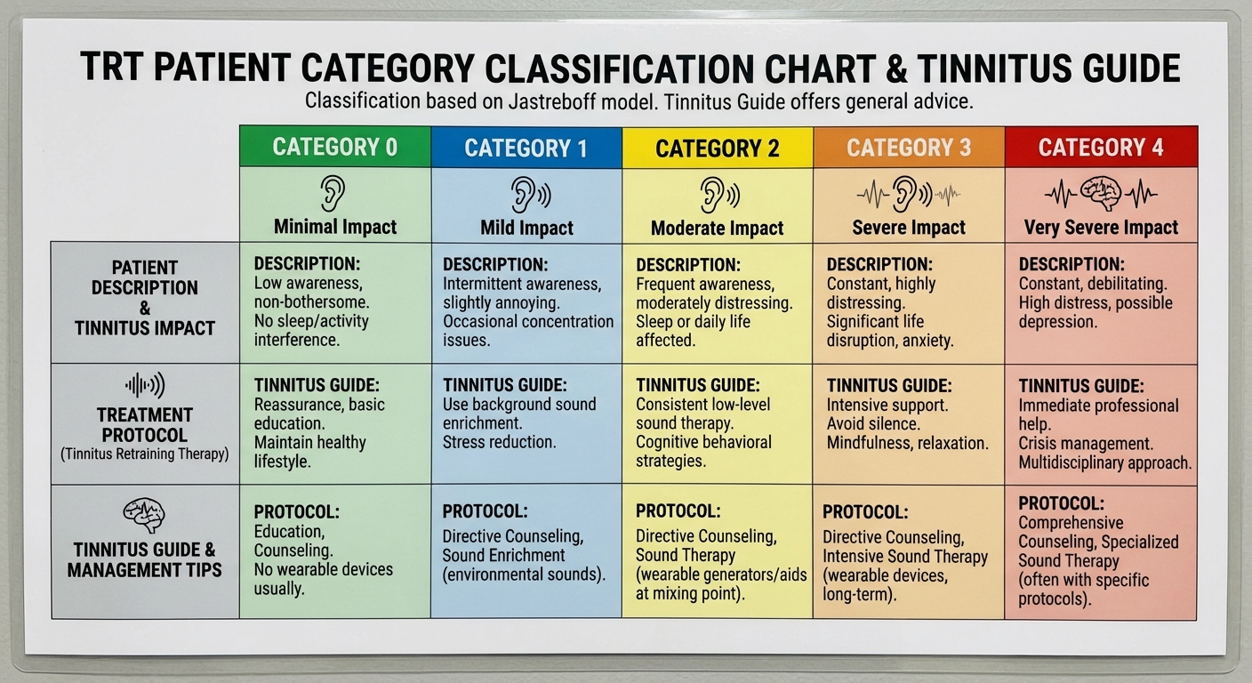 Chart showing the five Jastreboff TRT categories with patient profiles and recommended treatment approaches