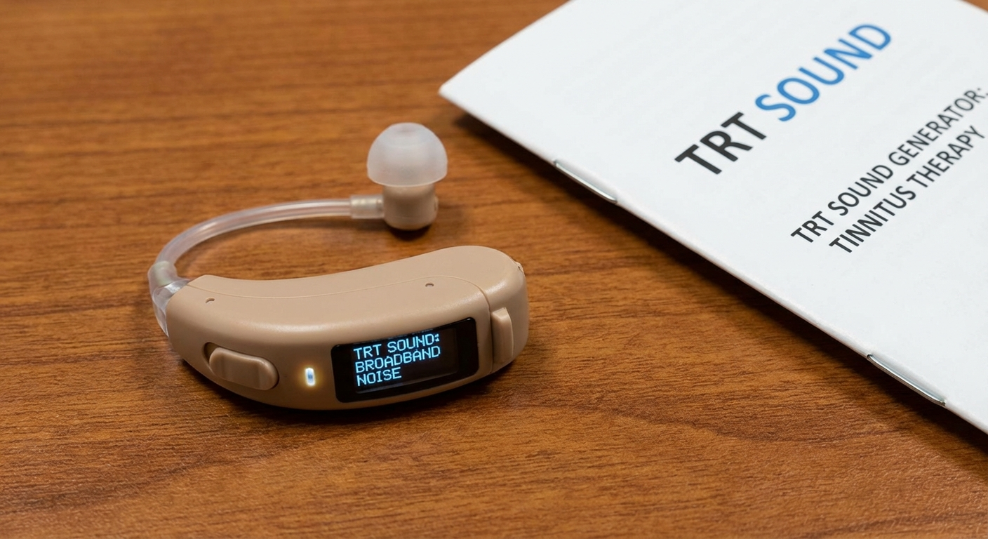 Tinnitus-friendly bedroom setup with a bedside sound machine, blackout curtains, and a pillow speaker for overnight sound enrichment