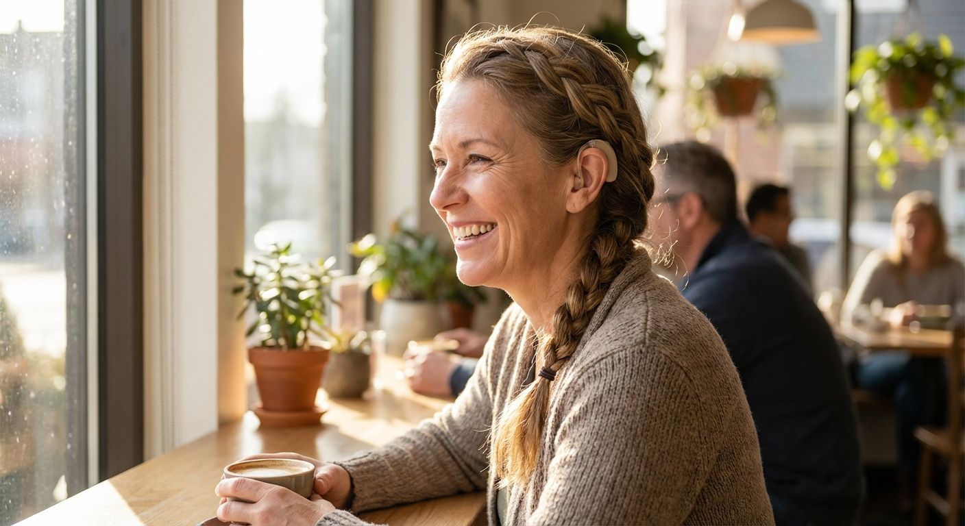 Woman wearing a discreet behind-the-ear hearing aid while enjoying a cafe setting