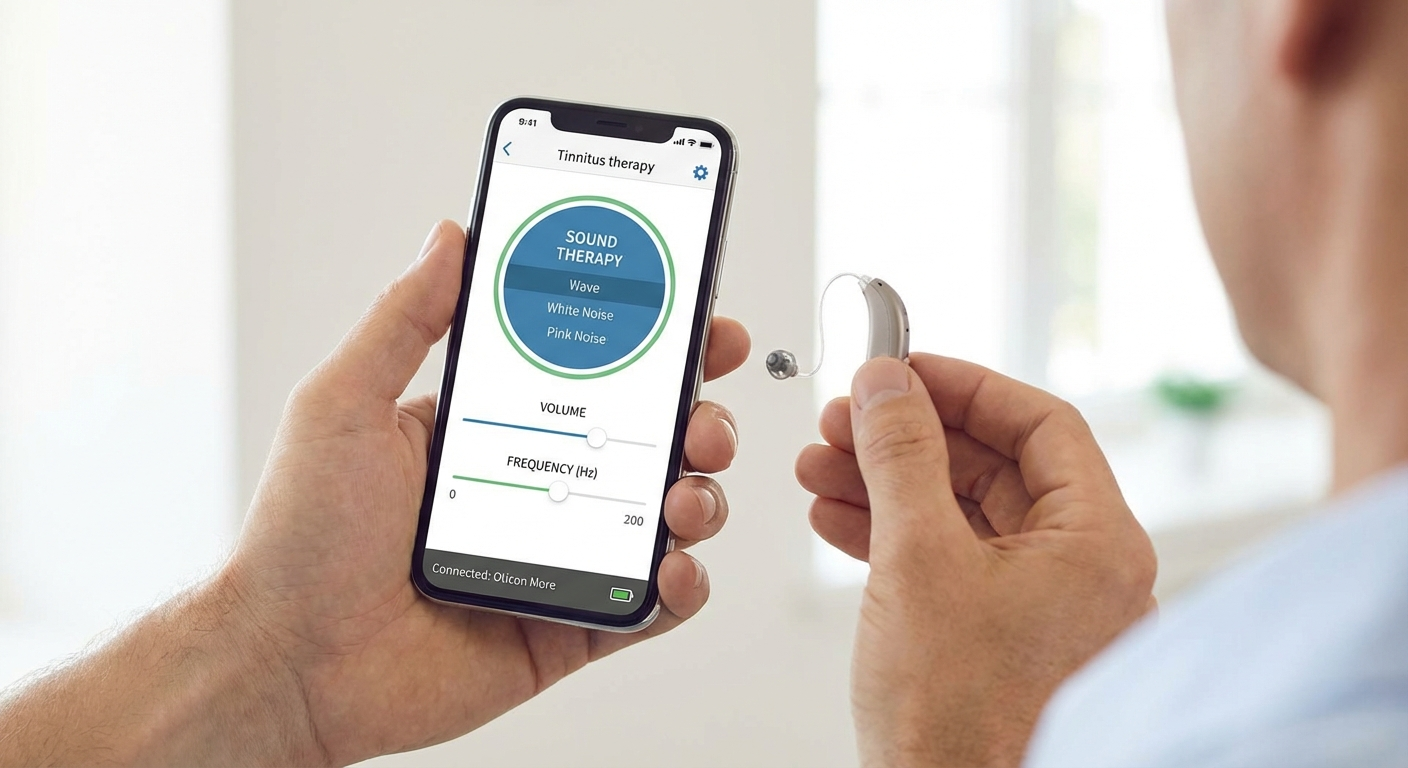 Smartphone showing a hearing aid tinnitus therapy app interface with sound therapy controls and frequency adjustment settings