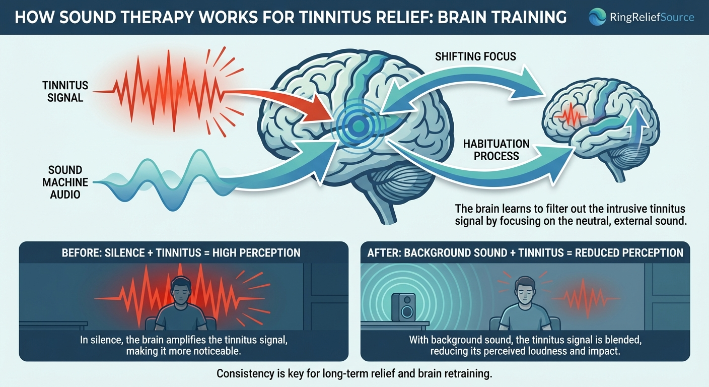 Medical infographic: An infographic showing how sound therapy works for tinnitus relief. Il