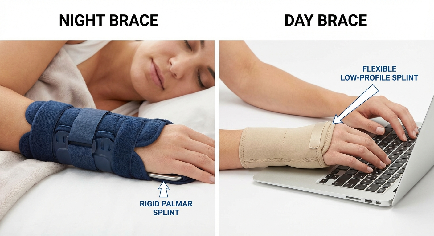 Side-by-side comparison image showing a night wrist brace (rigid, bulk