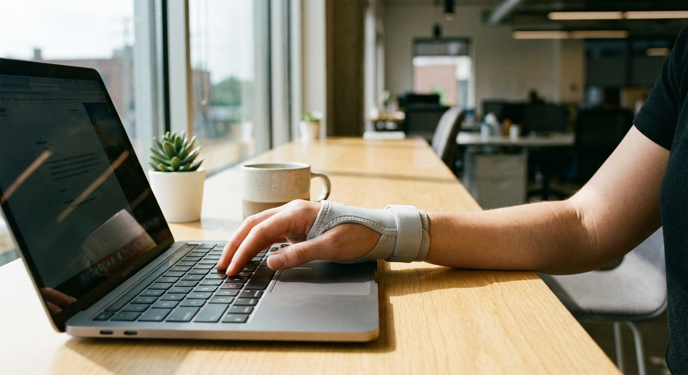 Photograph of a woman's hand wearing a slim wrist brace while typing o