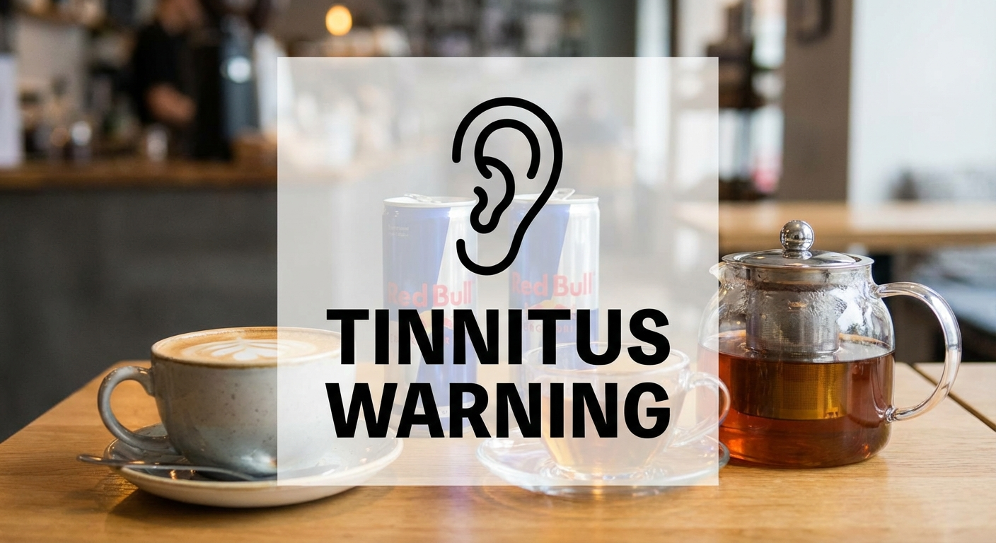 Coffee cup, energy drinks, and tea arranged on a table with a tinnitus warning graphic overlay