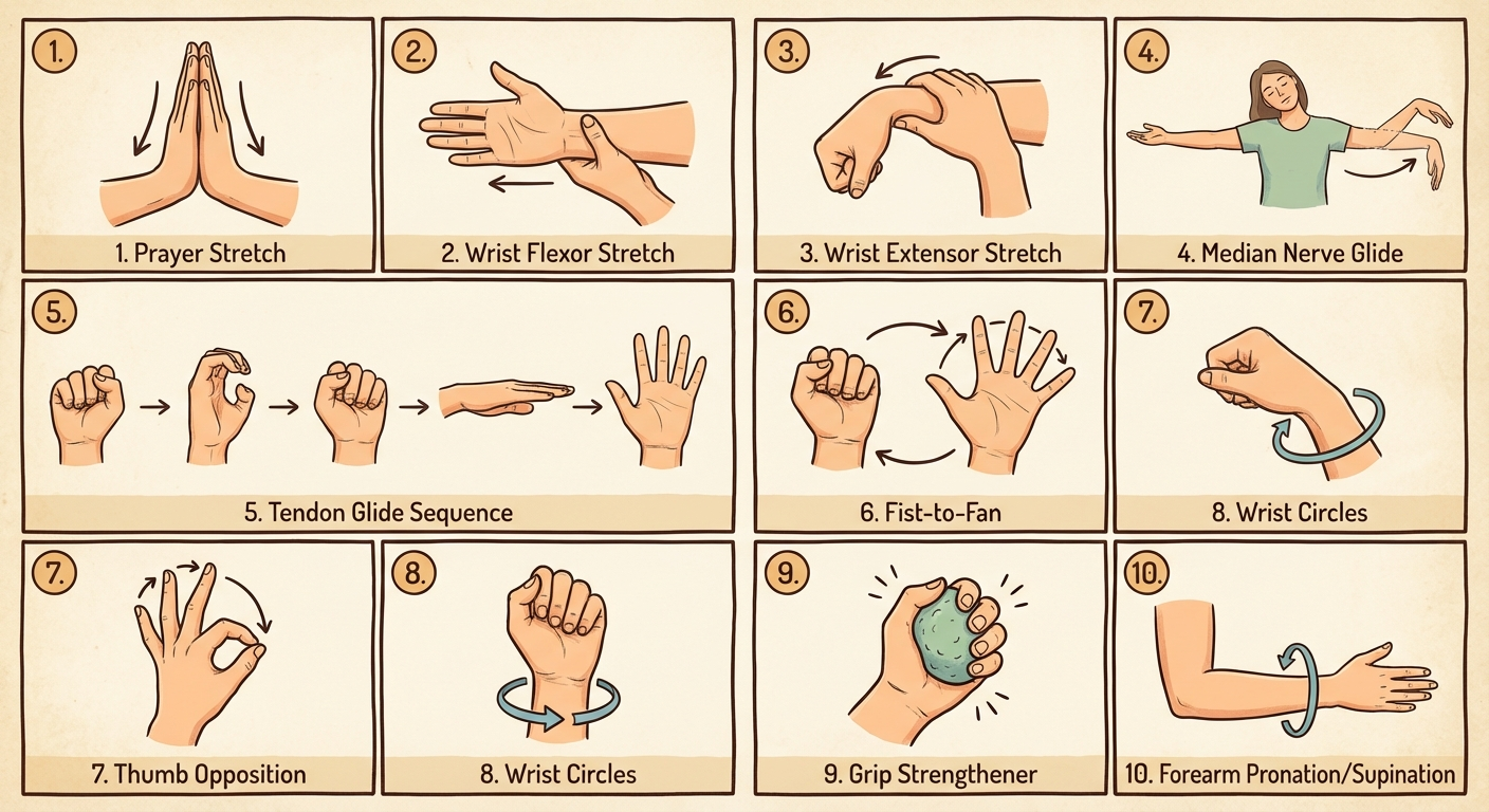 A step-by-step visual exercise guide showing all 10 carpal tunnel exer