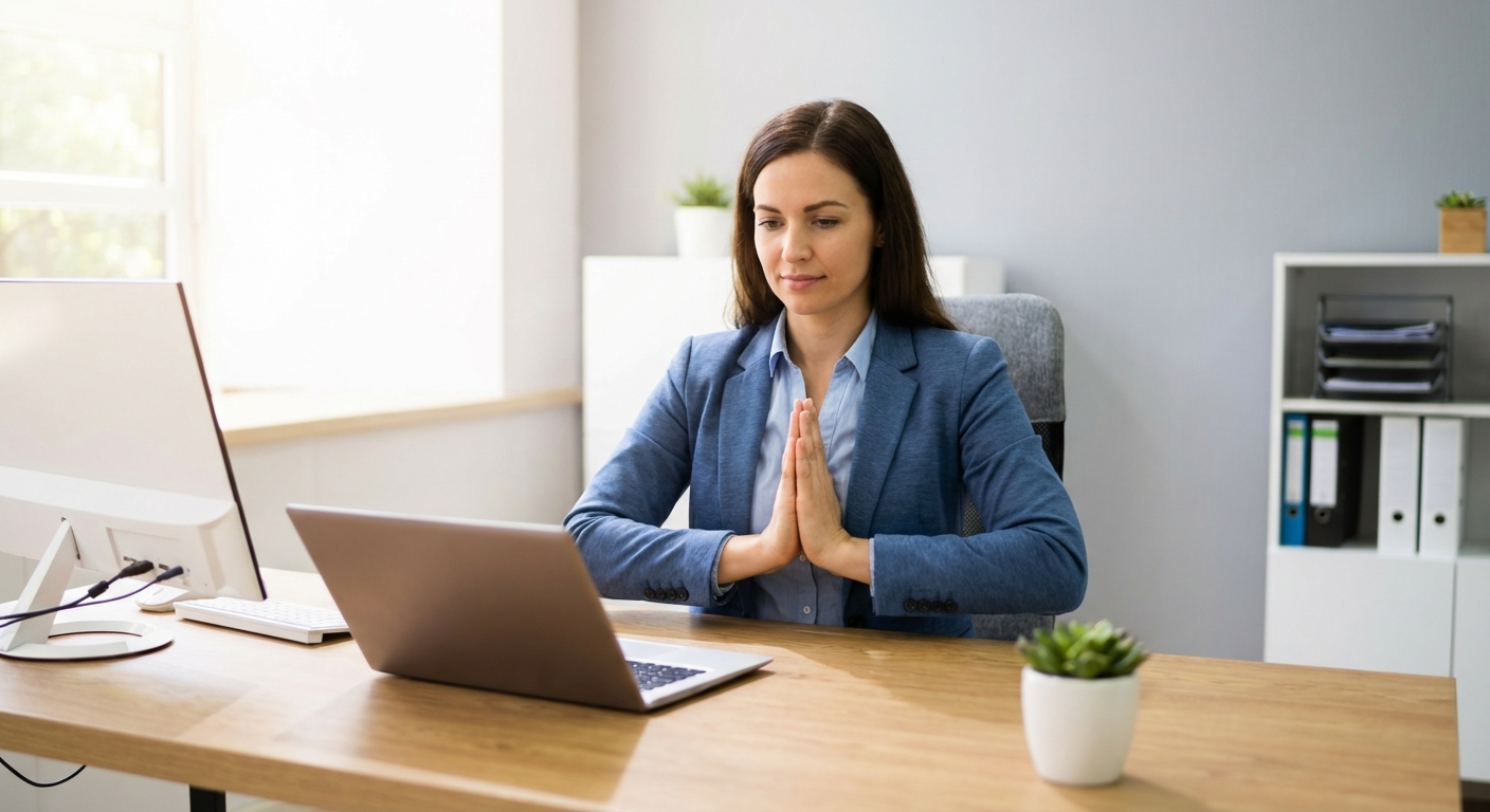 A photo-realistic image of a person at an office desk performing the p