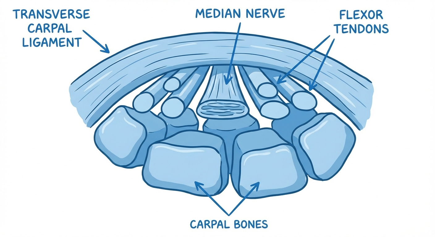 Medical infographic: Anatomical cross-section illustration of the carpal tunnel in the wris