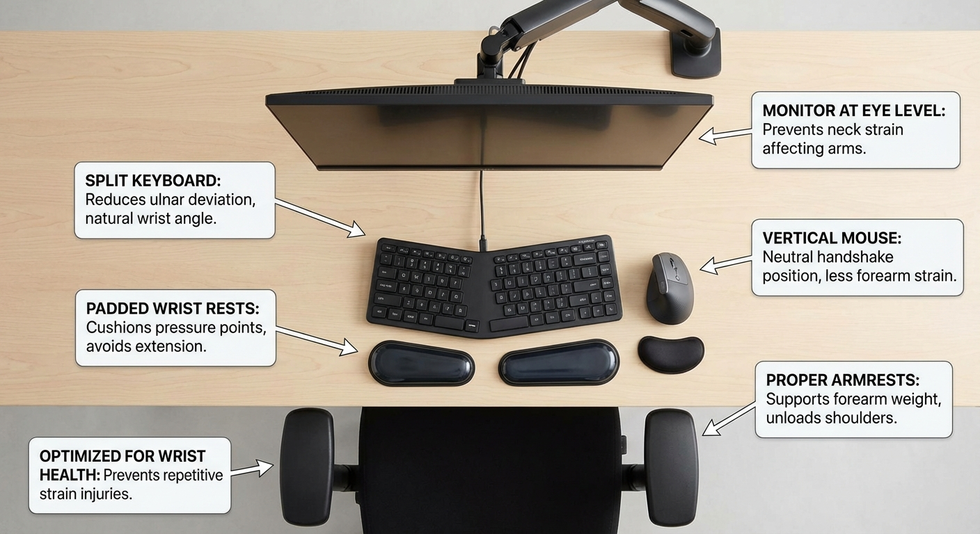 Top-down photograph of an ergonomically optimized desk setup for wrist