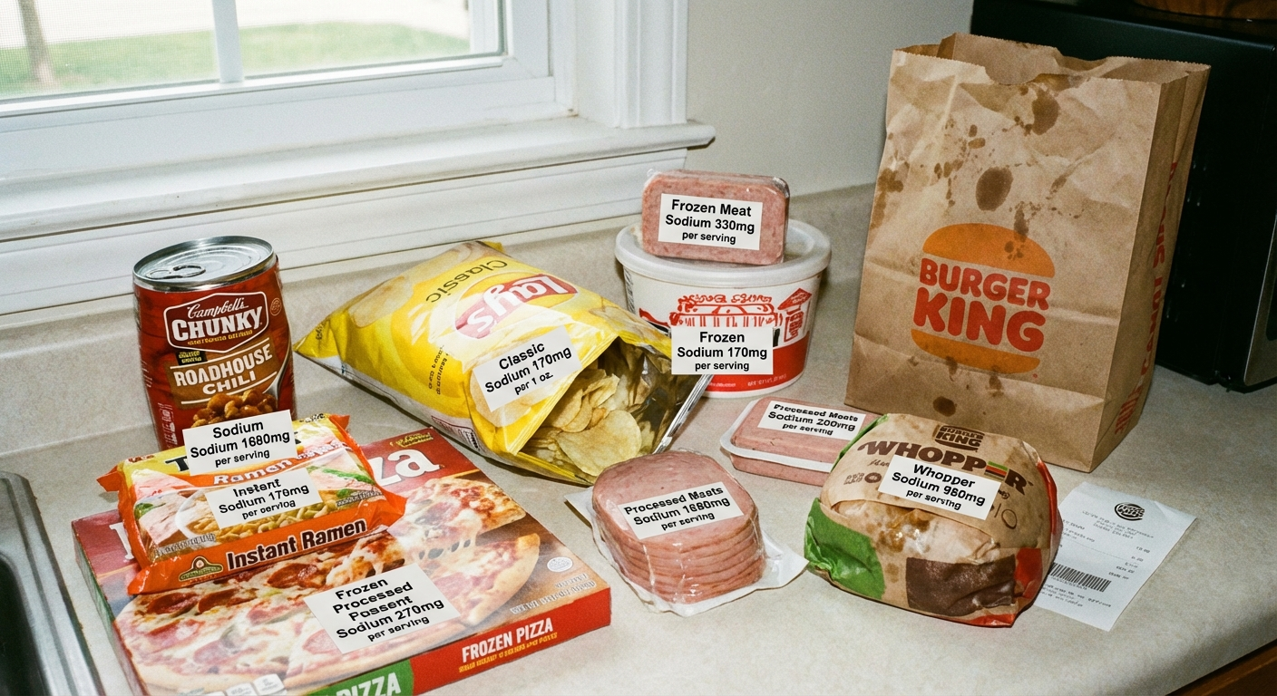 Selection of high-sodium processed foods including canned soup, chips, and fast food with sodium content labels visible
