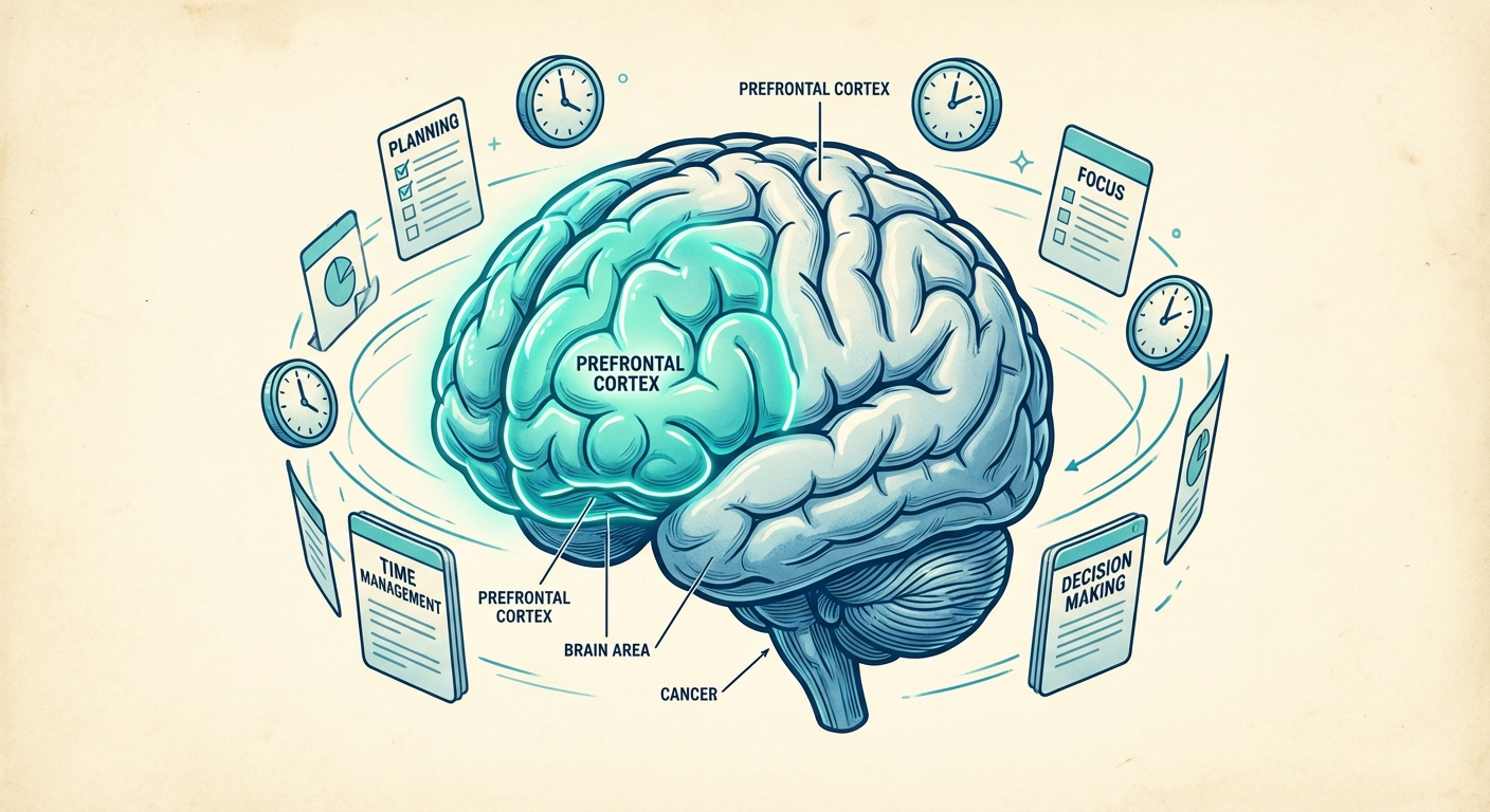 Scientific illustration of a brain with highlighted prefrontal cortex surrounded by clock icons and task cards