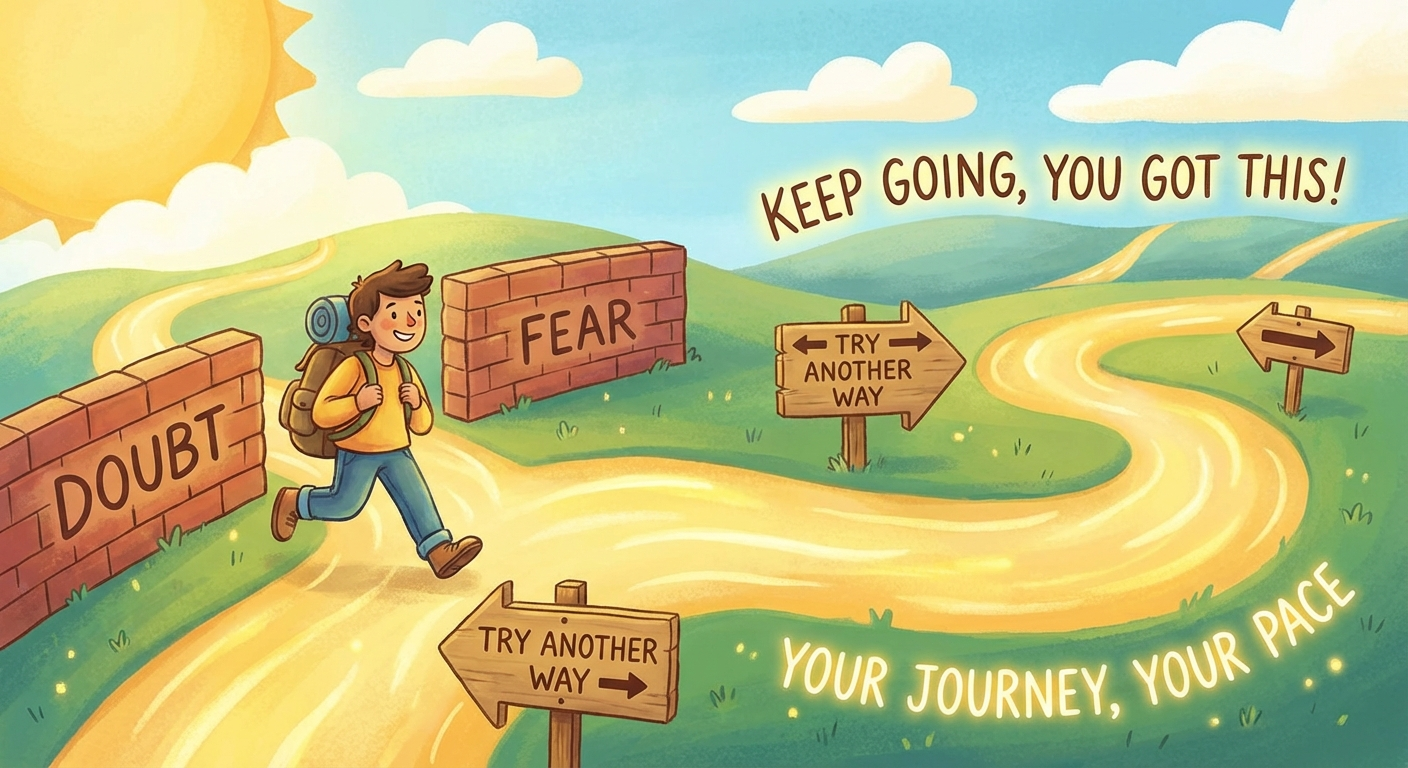 Illustration of a winding road with labeled obstacles and a figure confidently navigating around them