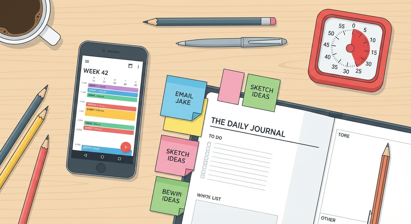 Flat-lay illustration of productivity tools including a phone with calendar app, planner, visual timer, and sticky notes on a desk
