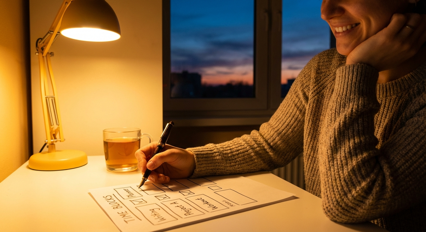Person reviewing completed time blocks at end of day