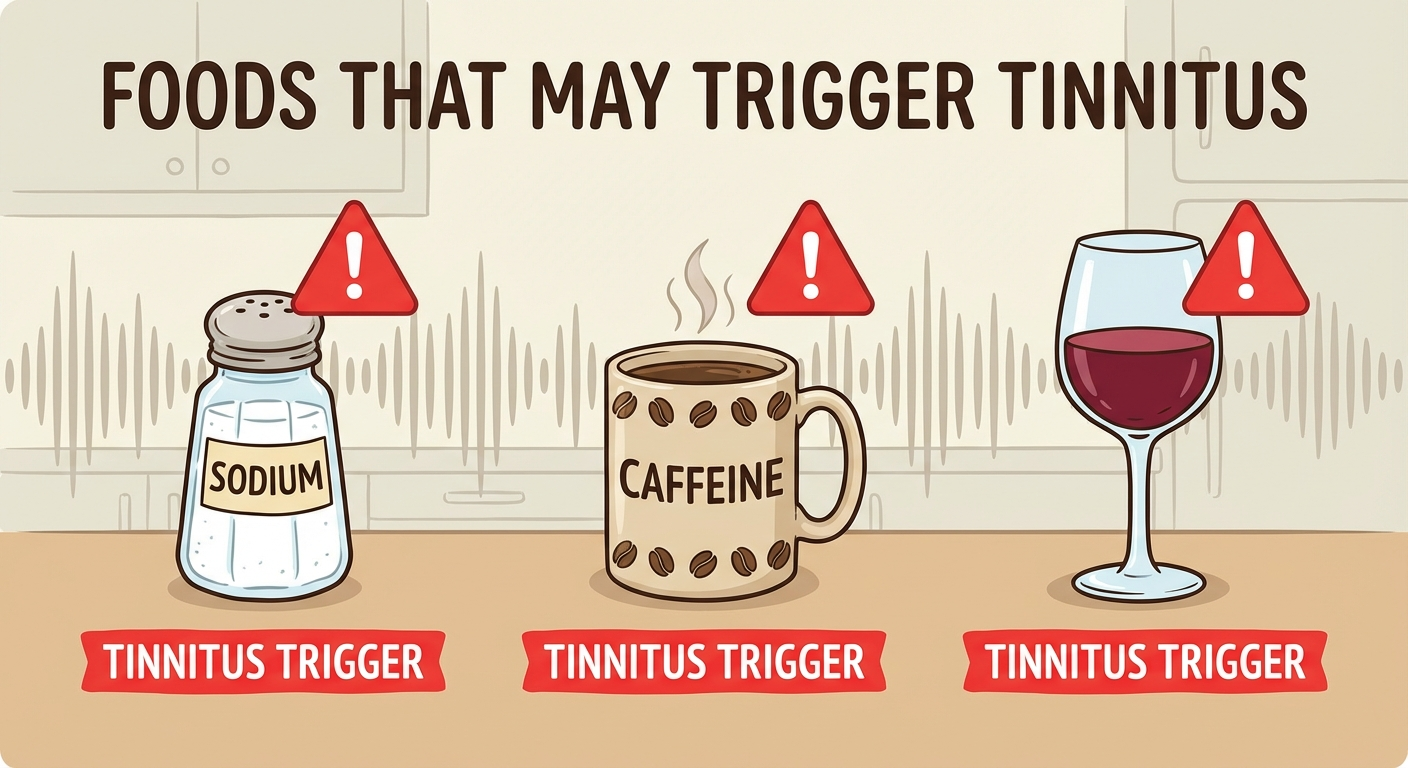 Illustration showing foods that trigger tinnitus including salt shaker, coffee cup, and alcohol glass with red warning icons