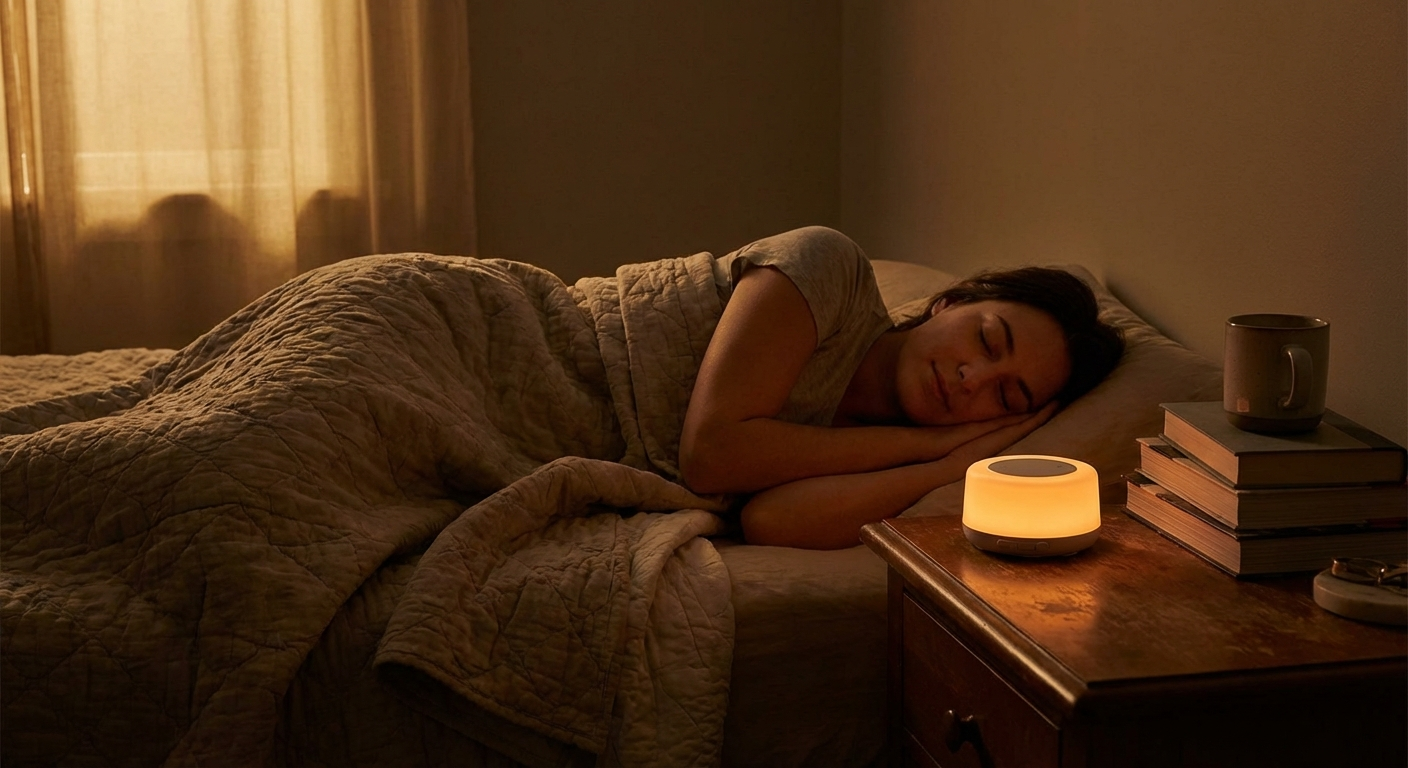 Contextual photograph showing a person peacefully sleeping in a dark b