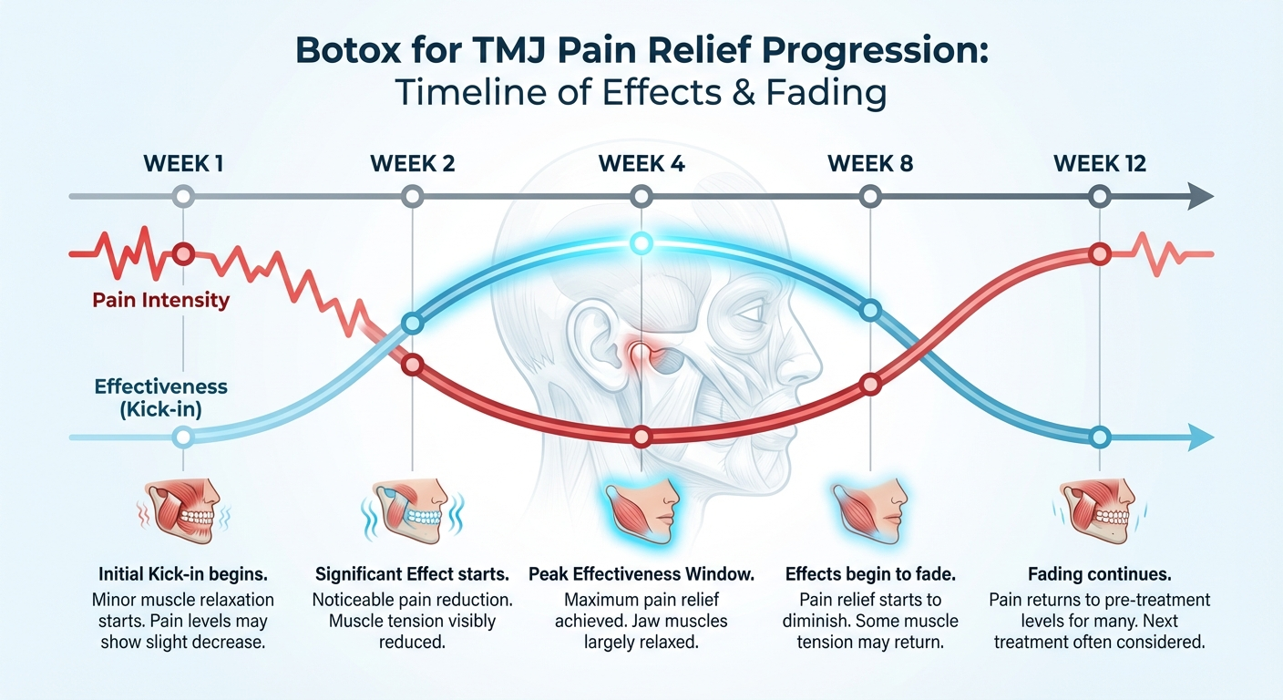 Timeline graphic showing Botox TMJ relief progression from injection through 6-month mark