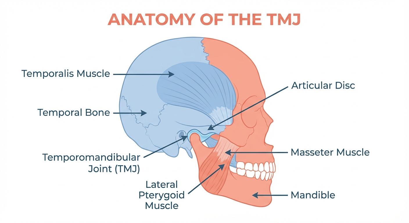 Medical infographic: A clean, medically accurate anatomical diagram of the temporomandibula