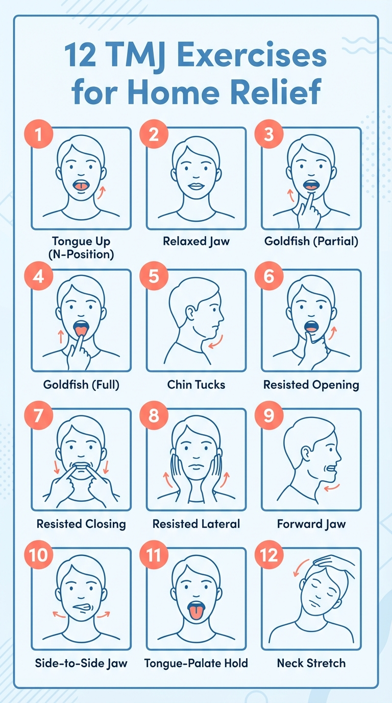 A vertical infographic-style visual guide showing all 12 TMJ exercises