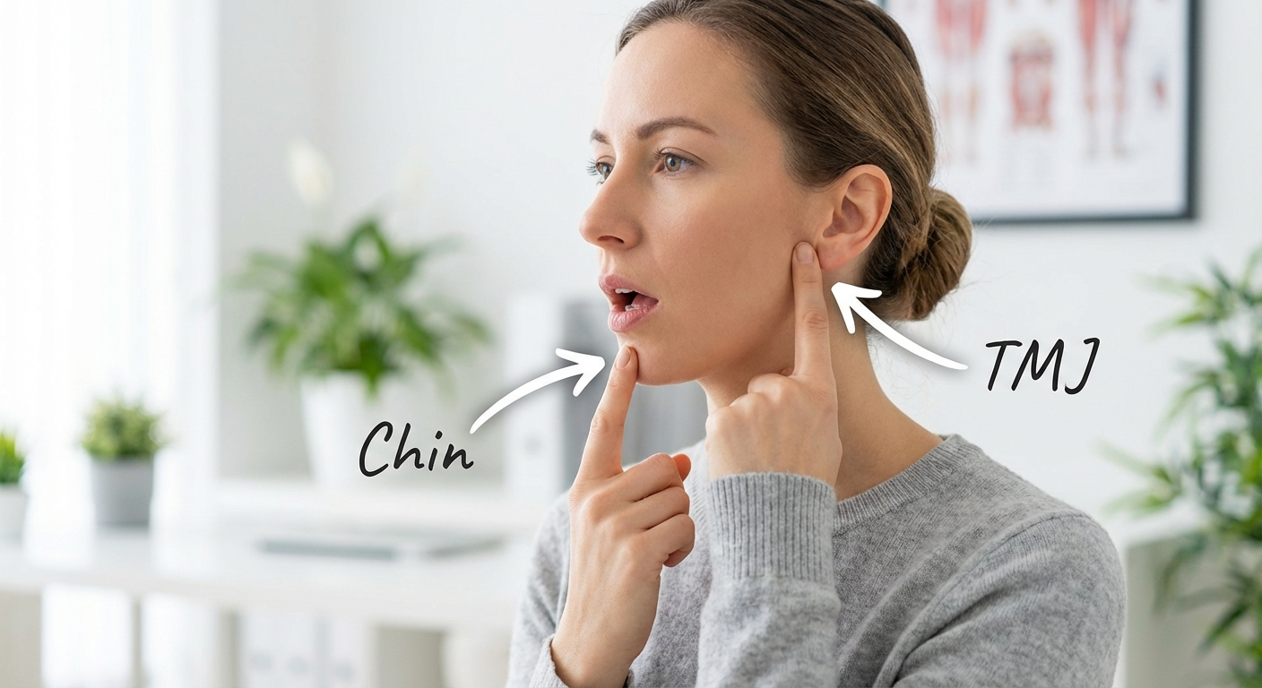 A person performing the goldfish partial opening jaw exercise. Show a 