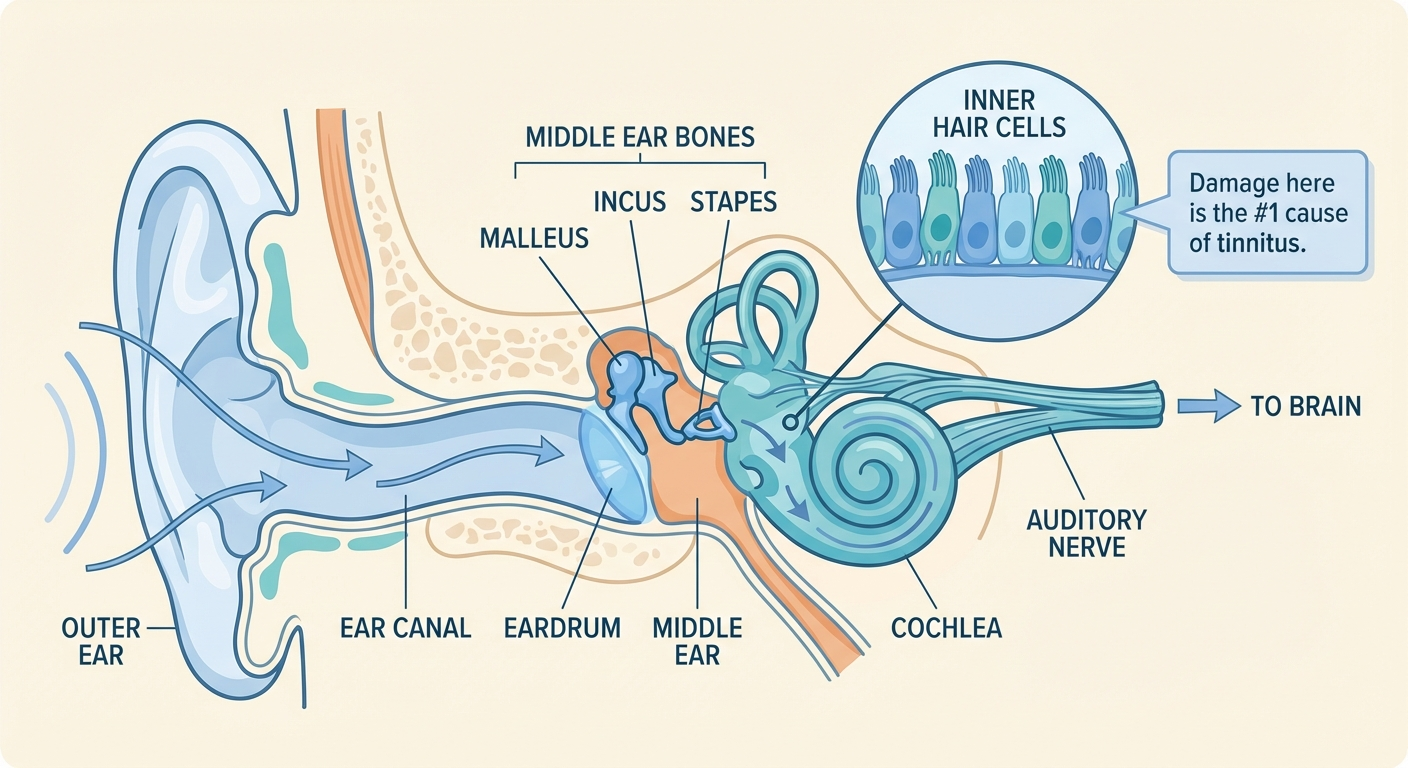 Medical infographic: A clean, labeled anatomical cross-section of the human ear showing the